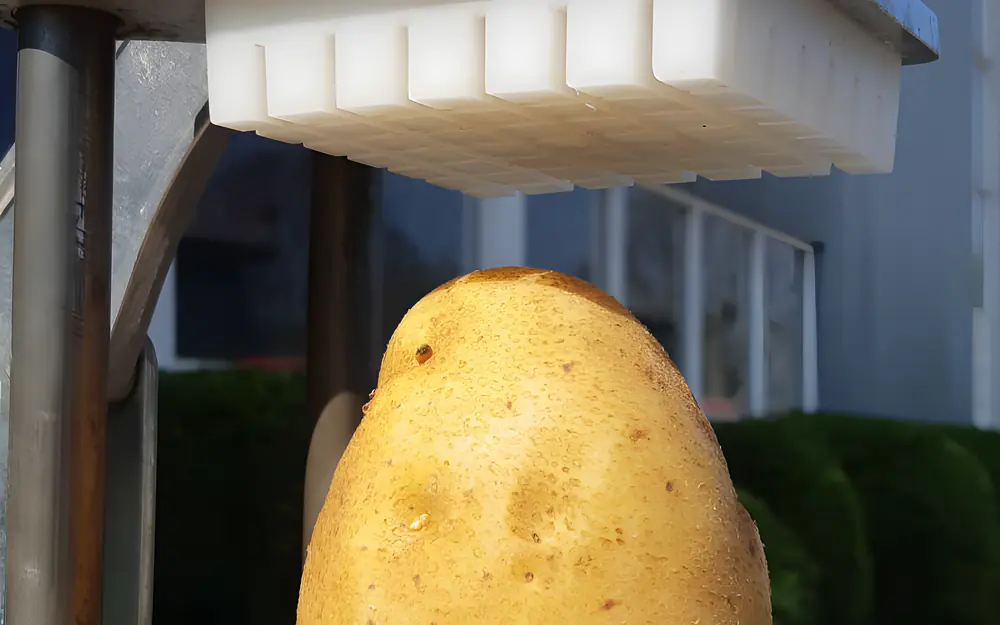 Agria potato in the chip cutting machine